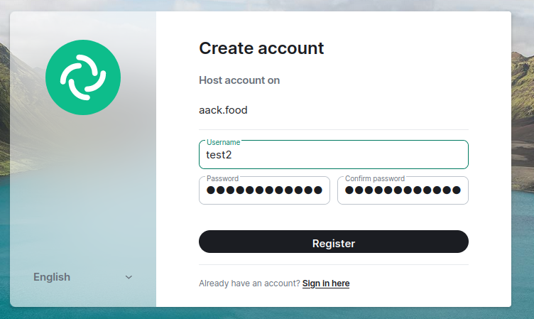 The element web 'create account' screen, showing fields for 'username', 'password', and 'confirm password'