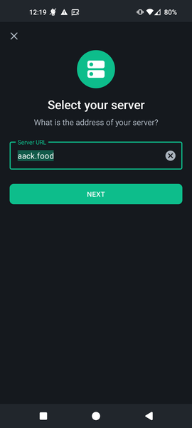 Screenshot of Element mobile, text 'Select your server, what is the address of your server' at the top, there is a text field labelled 'Server URL', filled in with 'aack.food', and a button labelled 'next'