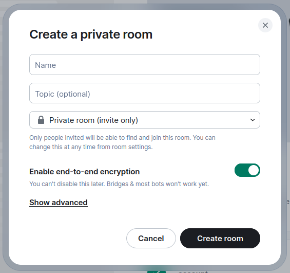 Screenshot of the Element Web 'new room' interface. There are text boxes labelled 'Name', 'Topic (Optional)', and a drop-down box for choosing if the room is private or public