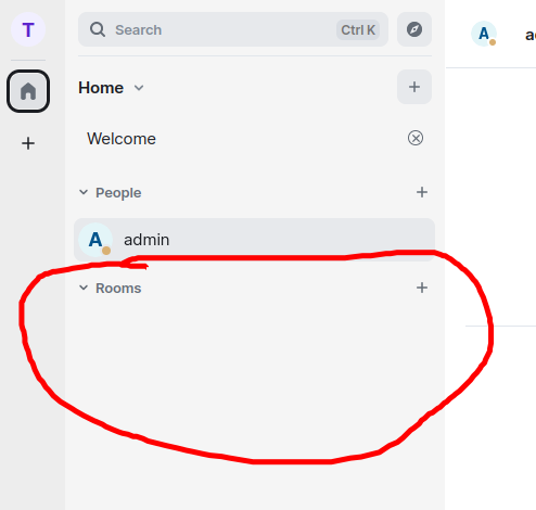 Screenshot of the top-left of the Element Web main page. The empty list of rooms is cirlced in red.