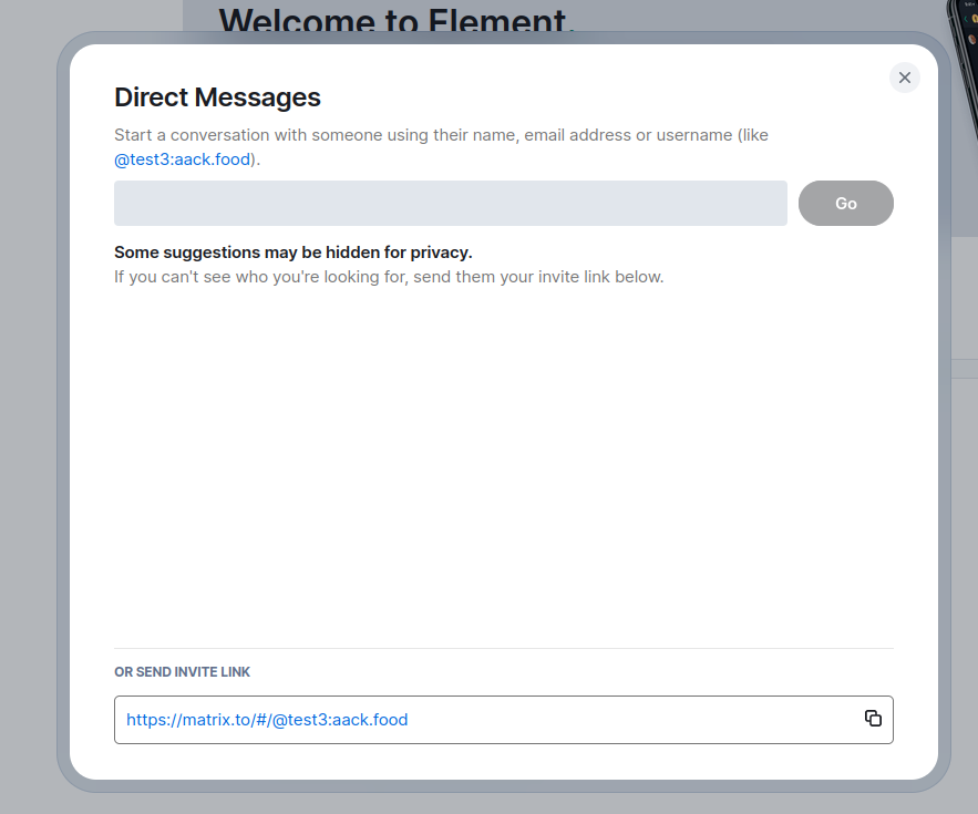 Screenshot of the Element Web 'Direct Messages' interface for starting a new chat.