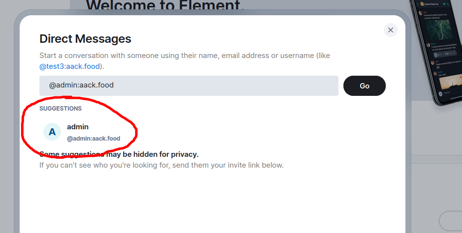 Screenshot of the Element Web new DM interface. The text '@admin:aack.food' has been entered into the text box, and an icon with information about the admin user is showing in the 'suggestions' area