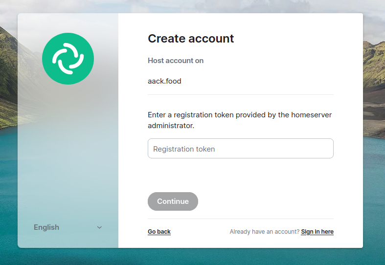 element web second create account screen, with a field for entering in a registration token