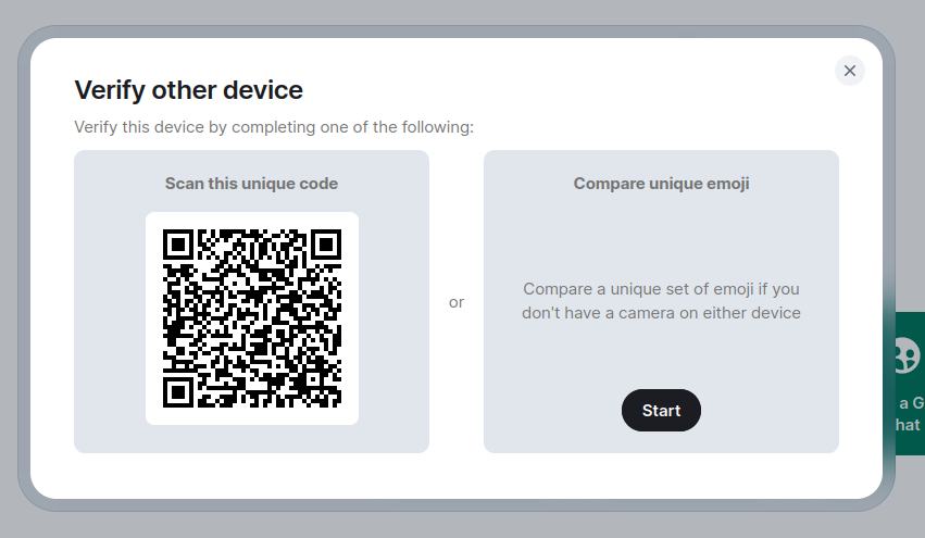 Screenshot of Element Web, shown is the text 'verify other device', with two options, a QR code to scan, or the text 'compare unique emoji' with a button labelled 'start'