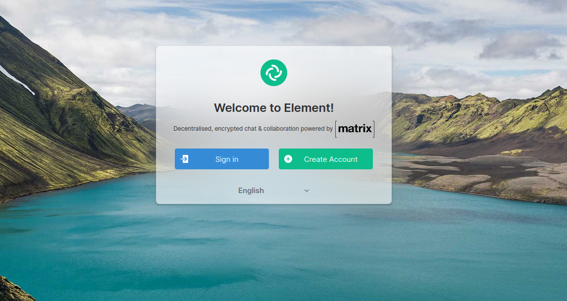 The Element Web home page, with a 'Welcome to Element' message and 'sign-in' and 'create account' buttons.